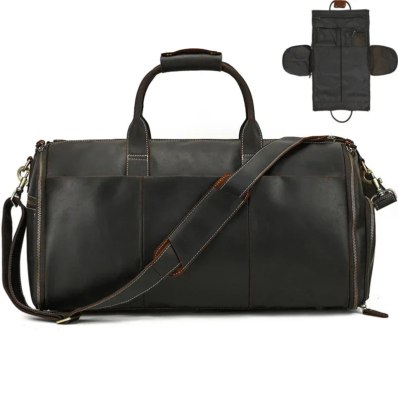 Bolso de viaje de cuero Crazy Horse para trajes, zapatos, ropa, bolso de traje plegable de cuero genuino para hombre, bolsas de viaje de negocios en equipaje