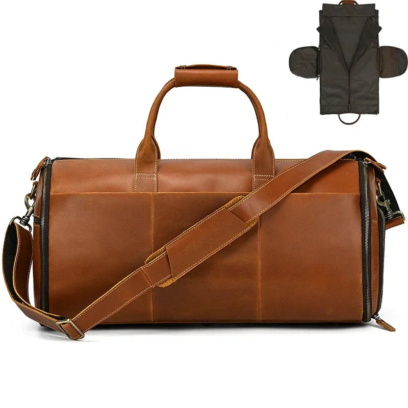 Bolso de viaje de cuero Crazy Horse para trajes, zapatos, ropa, bolso de traje plegable de cuero genuino para hombre, bolsas de viaje de negocios en equipaje