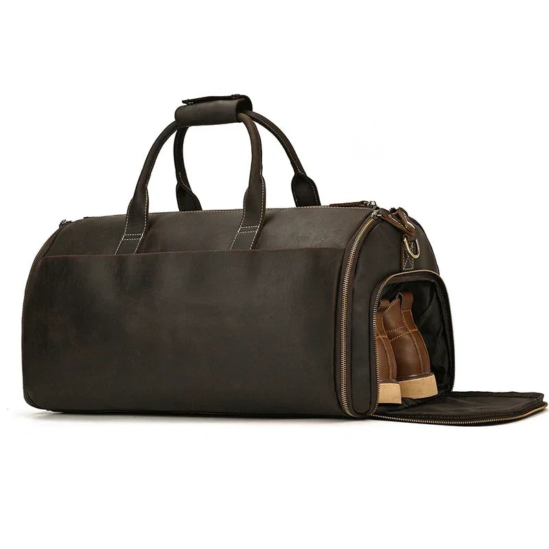 Bolso de viaje de cuero Crazy Horse para trajes, zapatos, ropa, bolso de traje plegable de cuero genuino para hombre, bolsas de viaje de negocios en equipaje