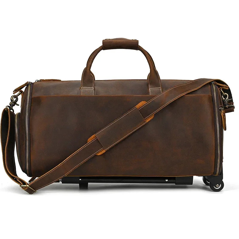Bolso de viaje de cuero Crazy Horse para trajes, zapatos, ropa, bolso de traje plegable de cuero genuino para hombre, bolsas de viaje de negocios en equipaje