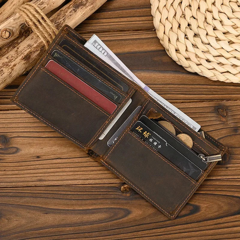 Cartera de cuero plegable para hombre, billetera de piel de vaca Original, monedero corto, monedero delgado de 2 pliegues, estilo de lujo, moda, gran oferta
