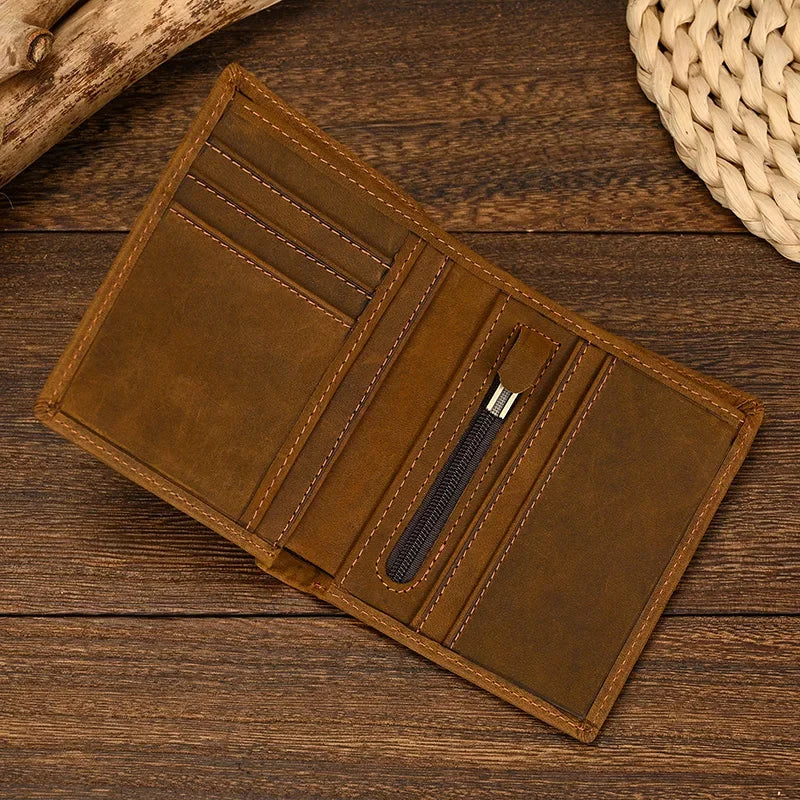 Cartera de cuero plegable para hombre, billetera de piel de vaca Original, monedero corto, monedero delgado de 2 pliegues, estilo de lujo, moda, gran oferta