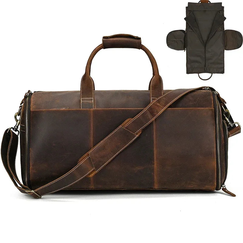 Bolso de viaje de cuero Crazy Horse para trajes, zapatos, ropa, bolso de traje plegable de cuero genuino para hombre, bolsas de viaje de negocios en equipaje