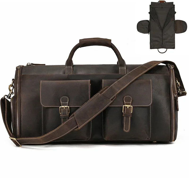 Bolso de viaje de cuero Crazy Horse para trajes, zapatos, ropa, bolso de traje plegable de cuero genuino para hombre, bolsas de viaje de negocios en equipaje
