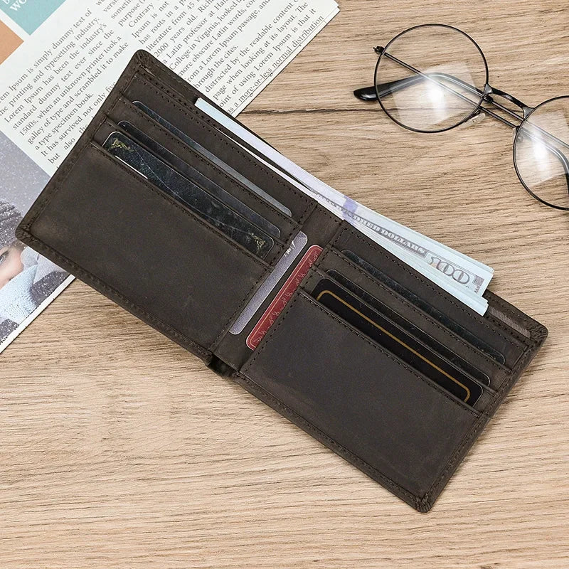 Cartera de cuero plegable para hombre, billetera de piel de vaca Original, monedero corto, monedero delgado de 2 pliegues, estilo de lujo, moda, gran oferta