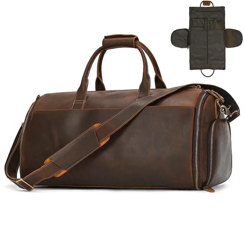 Bolso de viaje de cuero Crazy Horse para trajes, zapatos, ropa, bolso de traje plegable de cuero genuino para hombre, bolsas de viaje de negocios en equipaje